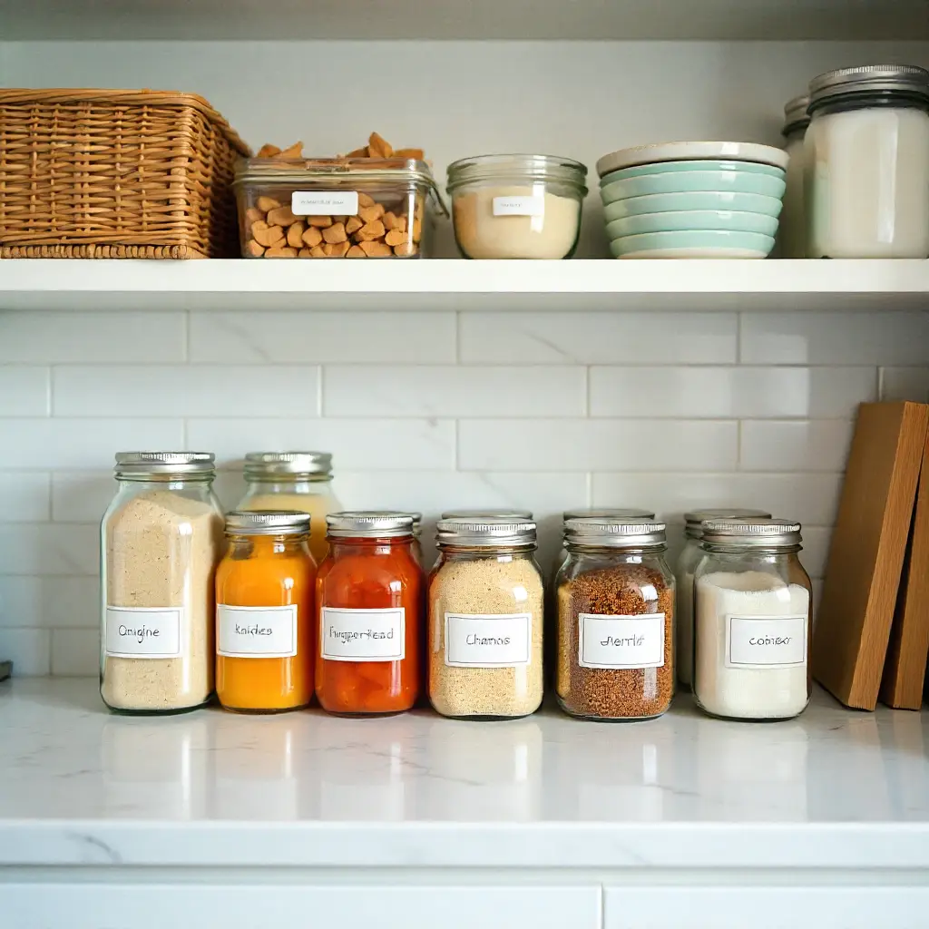 Organized kitchen with labeled containers and efficient storage