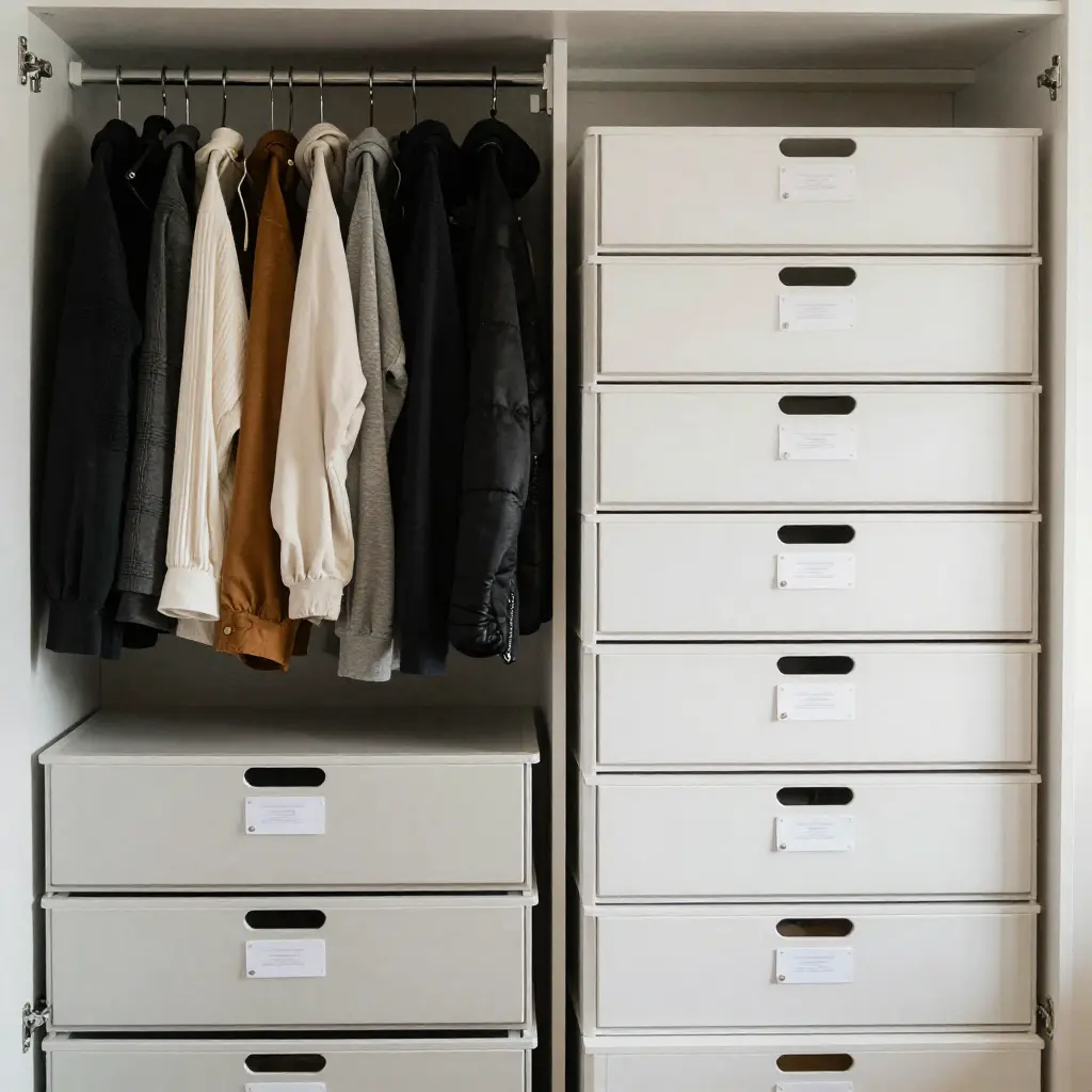 Organized closet with color-coordinated clothing and storage solutions