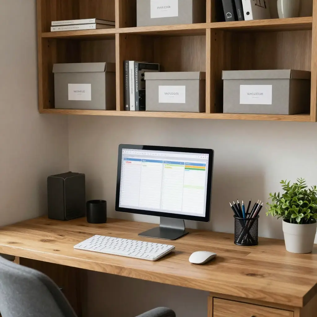 Organized home office with desk, shelving, and productivity setup